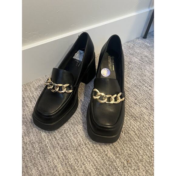Mary Jane Black Loafers with Gold Chain - Picture 1 of 6